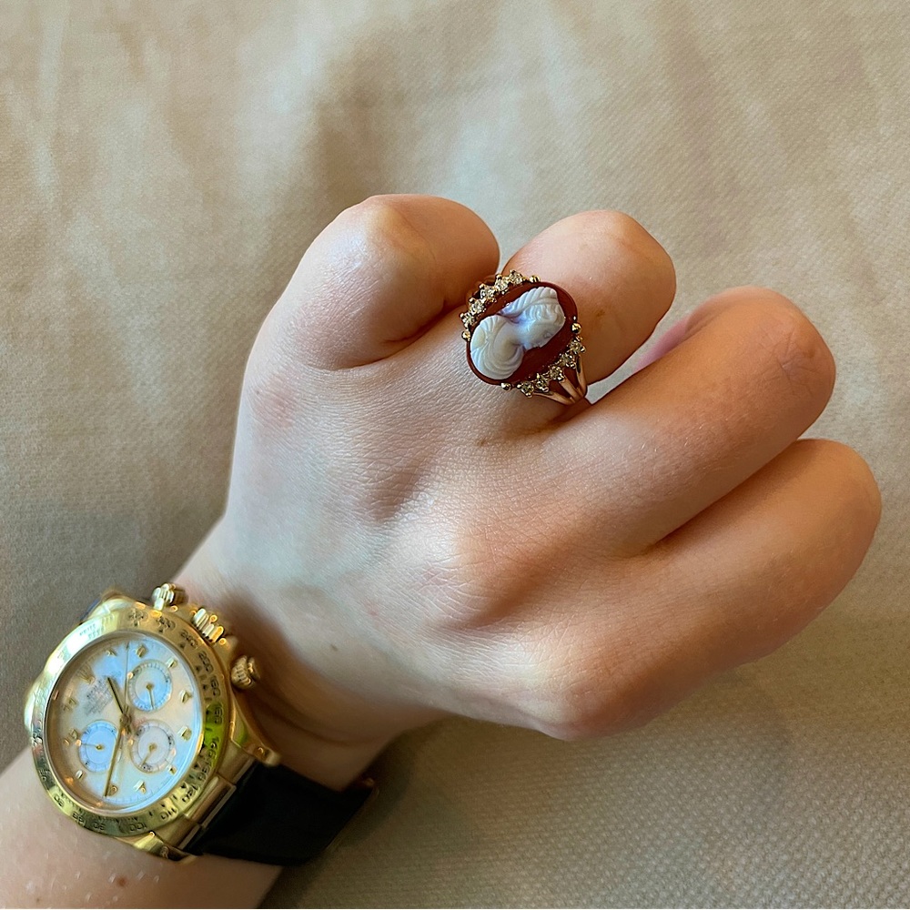 CAMEO❤️14K Gold❤️Diamond and Agate Cameo Portrait Statement Ring
